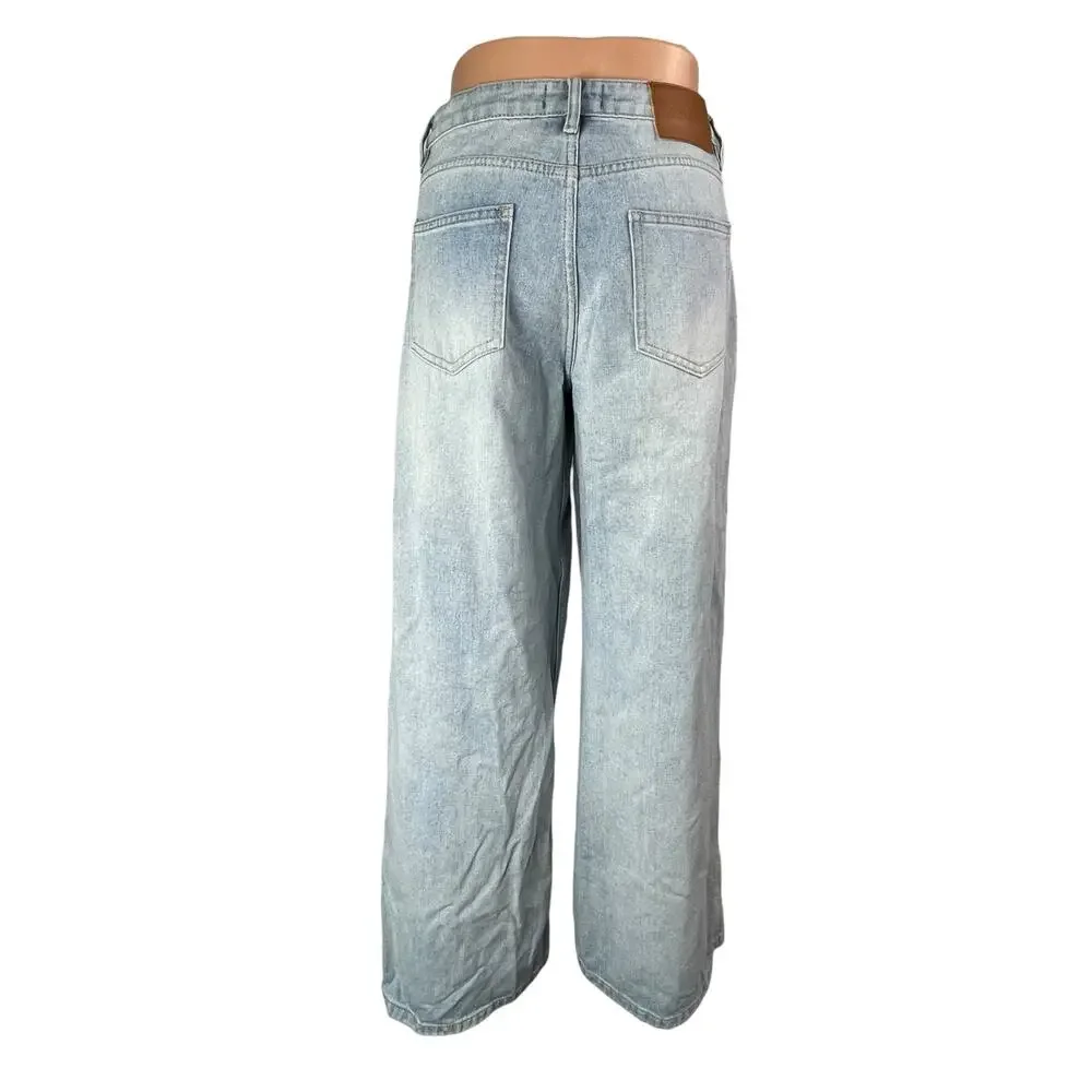 Princess Polly Blue High Waisted Light Wash Baggy Wide Leg Denim Jeans Pants 6